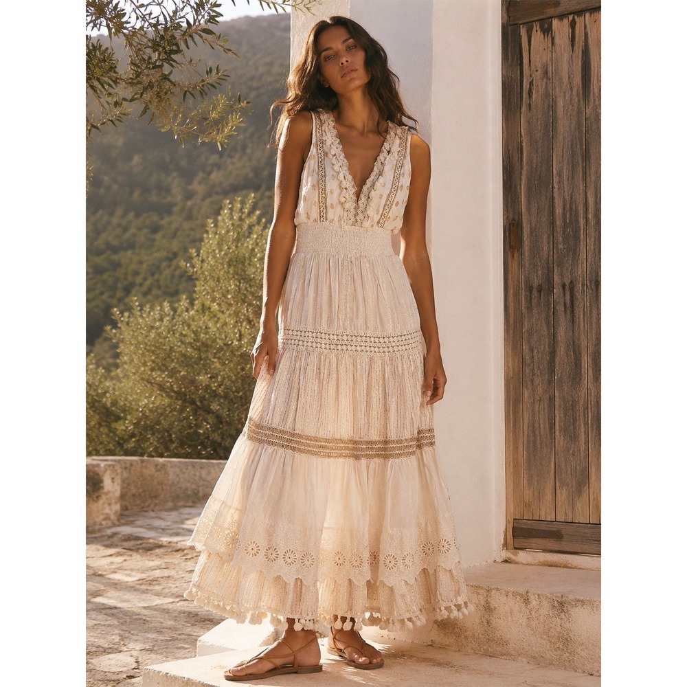 NAOO Ivory Boho Maxi Dress Gold Metallic Stripe Tassel Lace Cotton Size S